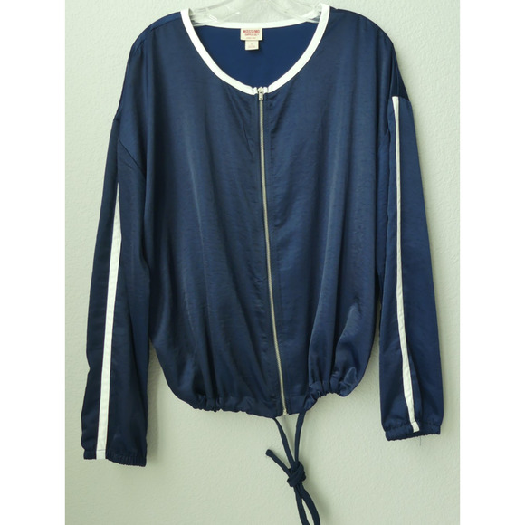 Woman's Blue Satin Jacket LARGE Zip-Up Y2K White Trim Cinch Tie Waist - Picture 1 of 7